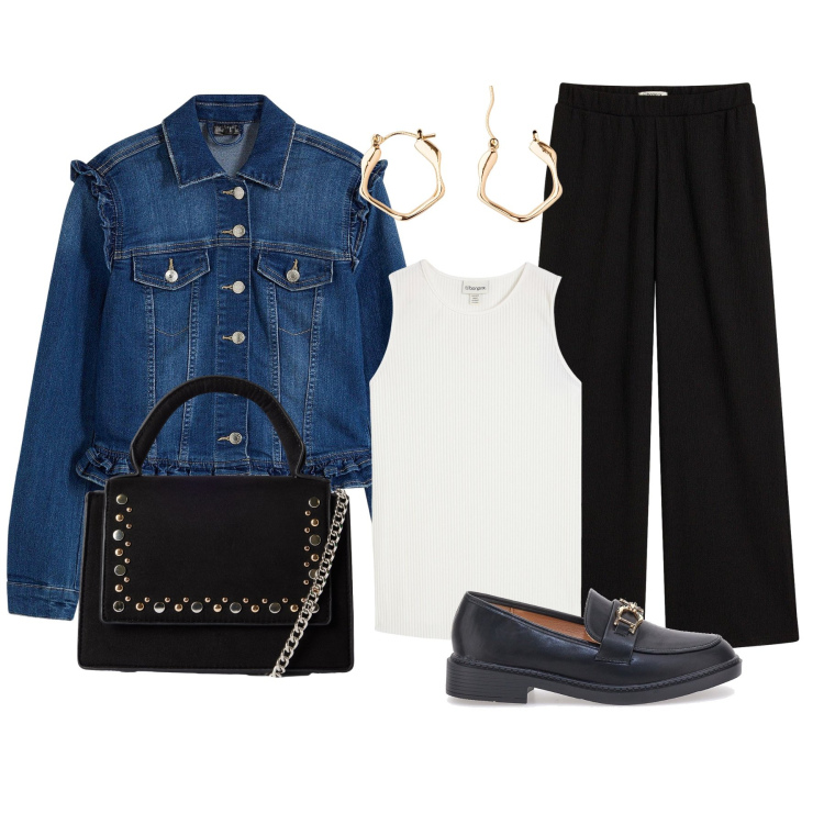 Outfit donna - Classica. Stile Basic per Tutti i giorni. Abbinamento con blazer, pantaloni a palazzo, orecchini, top, borse a tracolla, mocassini.
