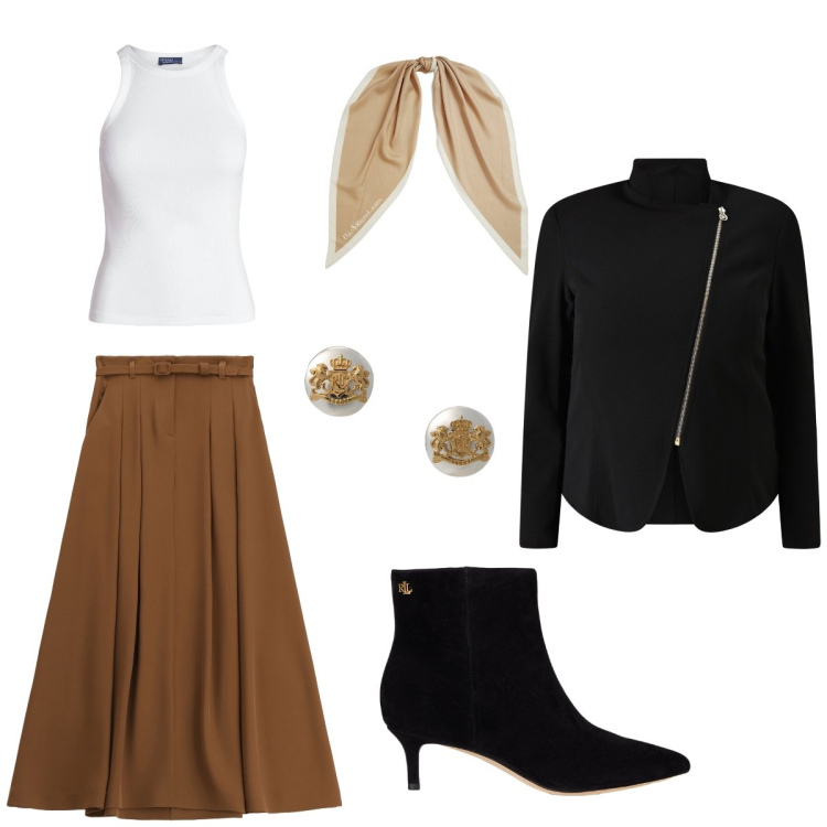 Outfit donna - Serata Elegante o ufficio. Stile Chic per Serata fuori. Abbinamento con blazer, gonne lunghe, canottiere, orecchini, foulard, stivaletti.