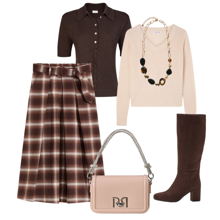 Outfit donna - Tartan sofisticato. Stile Casual chic per Ufficio. Abbinamento con gonne, stivali, maglieria, borse a mano, polo, collane.