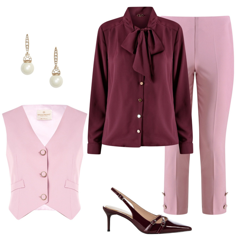 Outfit donna - Riunione di lavoro. Stile Bon Ton per Ufficio. Abbinamento con gilet, pantaloni skinny, décolleté, bluse, orecchini.