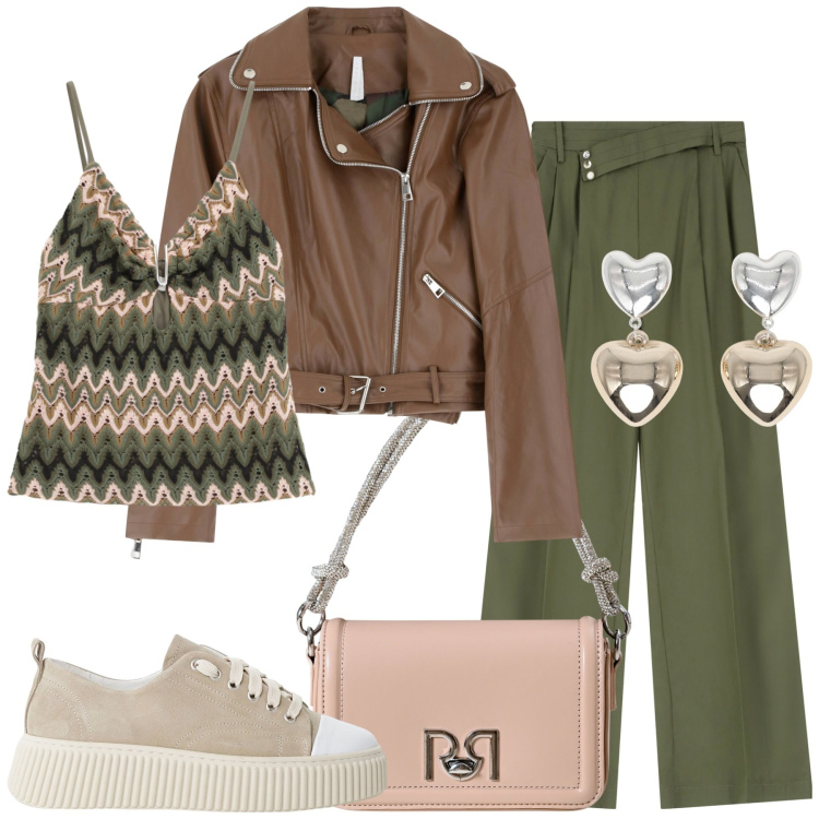 Outfit donna - Pomeriggi autunnali. Stile Casual chic per Tutti i giorni. Abbinamento con orecchini, borse a mano, pantaloni, sneakers, giacche, top.