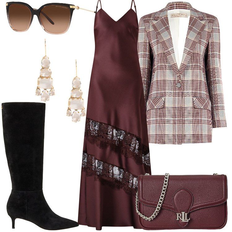 Outfit donna - Matrimonio in tartan. Stile Chic per Cerimonia. Abbinamento con vestiti lunghi, blazer, stivali, occhiali da sole, clutch, orecchini.