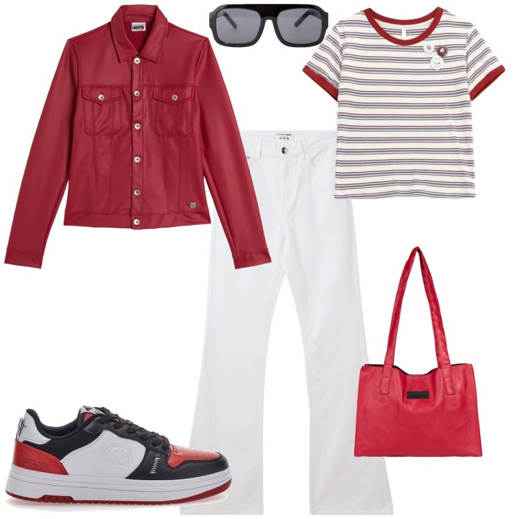 Outfit donna - Glamour per tutti I giorni. Stile Glamour per Tutti i giorni. Abbinamento con jeans a zampa, t-shirt, occhiali da sole, giacche, shopping bag, sneakers.