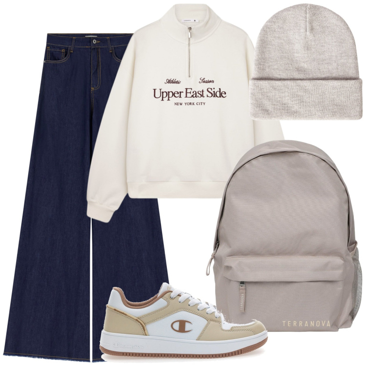 Outfit donna - Back to school. Stile Casual per Scuola/Università. Abbinamento con zaini, berretti, felpe, jeans a zampa, sneakers.