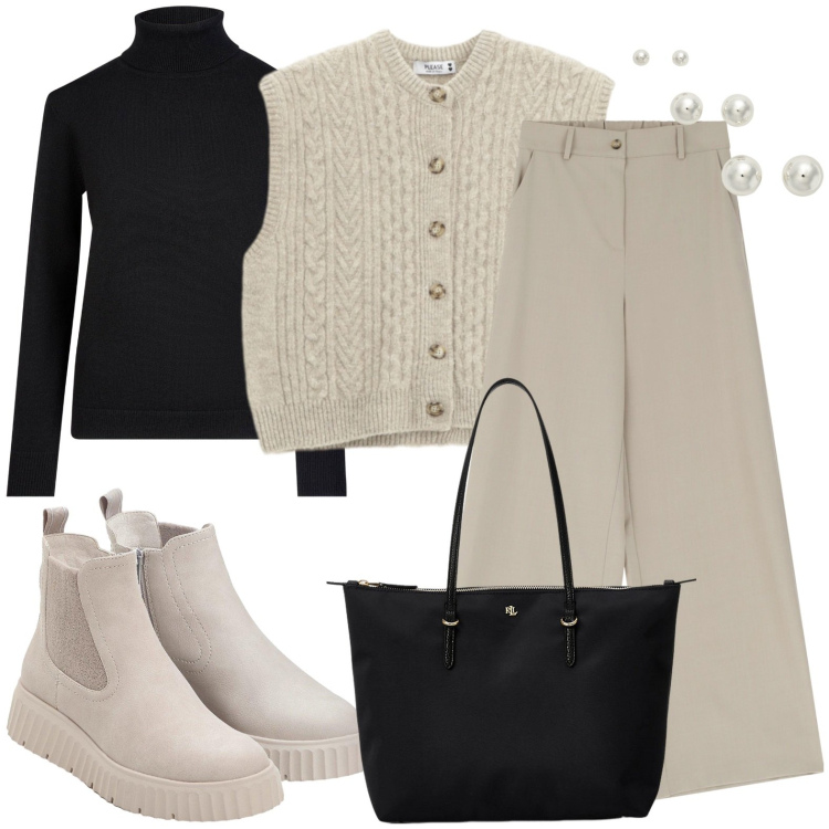 Outfit donna - Beige e nero. Stile Casual per Tutti i giorni. Abbinamento con stivaletti, gilet, pantaloni a palazzo, borse tote, orecchini, maglieria.