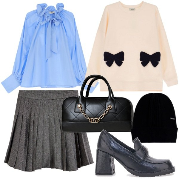Outfit donna - Preppy. Stile Preppy per Scuola/Università. Abbinamento con minigonne, borse a mano, cappelli, felpe, camicie, mocassini.