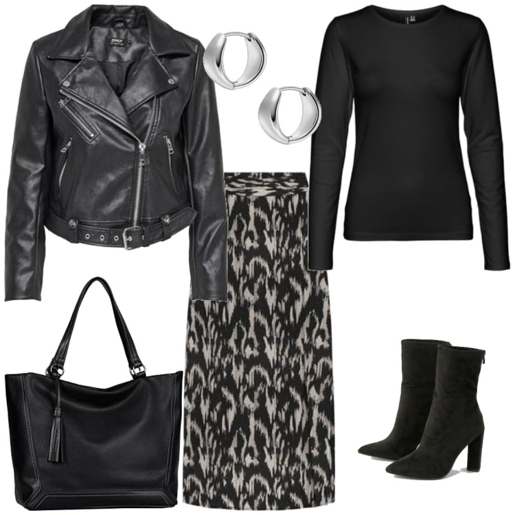 Outfit femme - Rock #735. Style Rock pour Tous les jours. Assortir avec jupes, sac cabas, blazers, t-shirts, boucles d'oreilles, bottines.