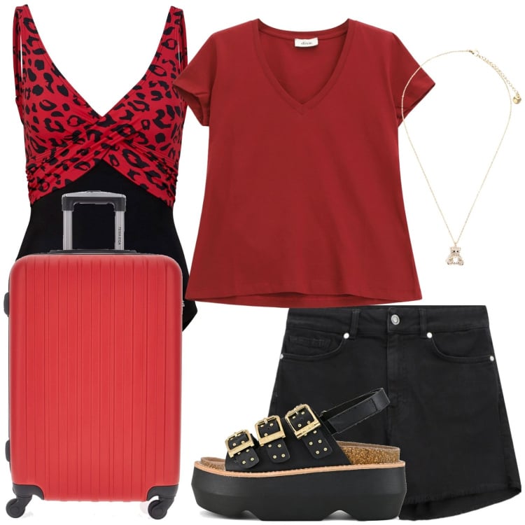 Outfit donna - Viaggio 09. Stile Casual per Mare. Abbinamento con costumi interi, ciondoli, shorts, t-shirt, sandali col tacco, valigie.