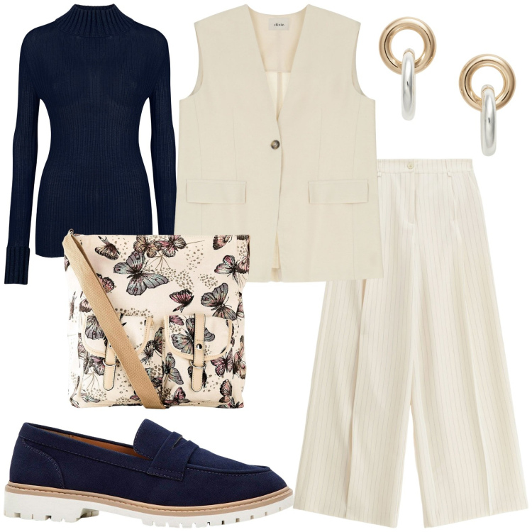 Outfit donna - Easy autunno. Stile Casual chic per Tutti i giorni. Abbinamento con mocassini, borse a tracolla, pantaloni a palazzo, gilet, orecchini, maglieria.