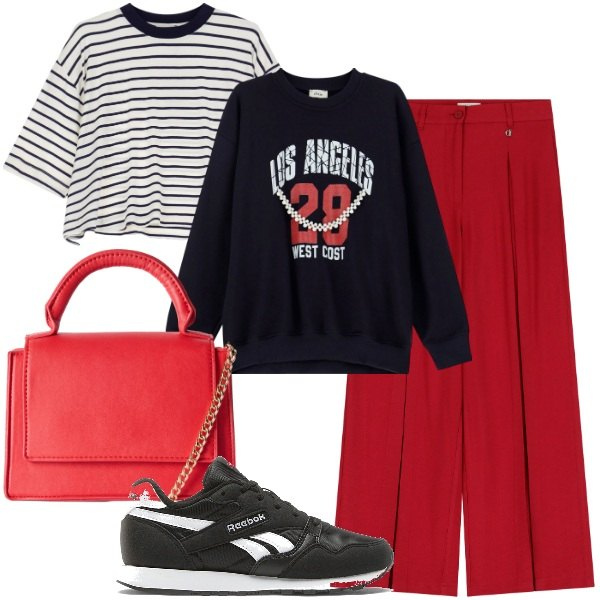 Outfit donna - Una felpa a settembre. Stile Casual chic per Tutti i giorni. Abbinamento con borse a tracolla, felpe, pantaloni a palazzo, t-shirt, sneakers.