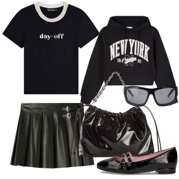 Outfit donna - Black to black. Stile Trendy per Scuola/Università. Abbinamento con shopping bag, minigonne, felpe con cappuccio, occhiali da sole, t-shirt, ballerine.