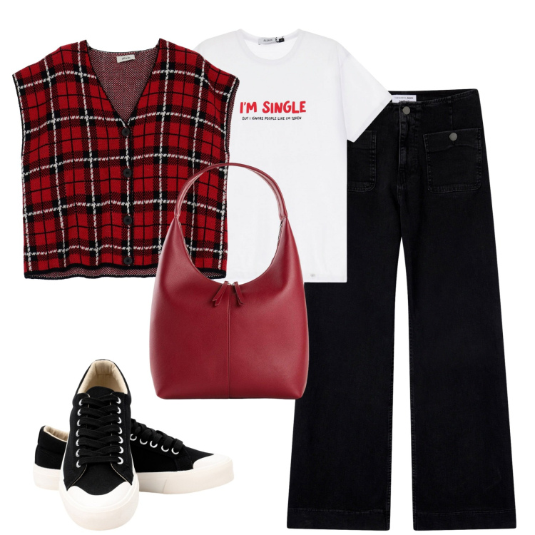 Outfit donna - Il gilet tartan. Stile Trendy per Tutti i giorni. Abbinamento con shopping bag, jeans, t-shirt, gilet, sneakers.
