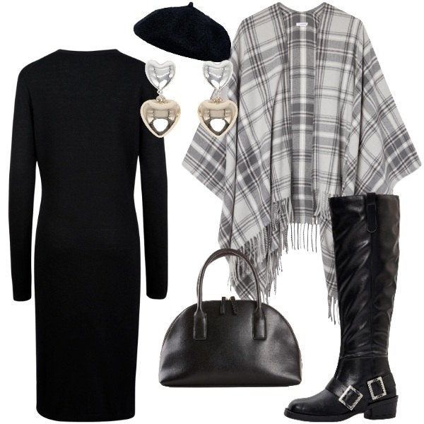 Outfit donna - il poncho. Stile Casual per Tutti i giorni. Abbinamento con stivali sopra il ginocchio, shopping bag, cappotti, orecchini, vestiti midi/longuette, cappelli e berretti.