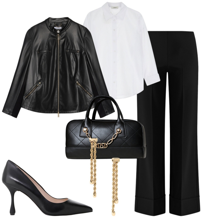 Outfit donna - Minimal chic di tendenza. Stile Minimal per Tutti i giorni. Abbinamento con borse a mano, pantaloni a palazzo, camicie, décolleté, orecchini, blazer.
