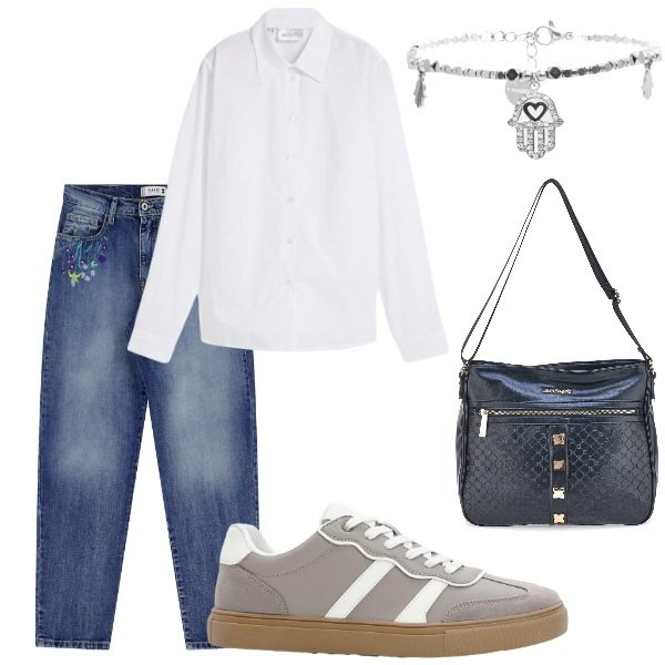 Outfit donna - Comodità per tutto il giorno. Stile Casual per Tutti i giorni. Abbinamento con camicie, sneakers, jeans dritti, braccialetti, borse a tracolla.