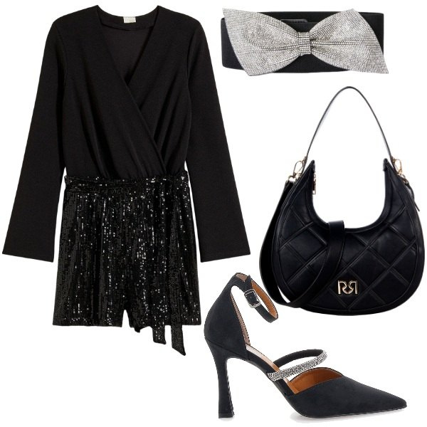 Outfit donna - A ballare. Stile Glamour per Serata fuori. Abbinamento con tute, borse a tracolla, cinture, décolleté.