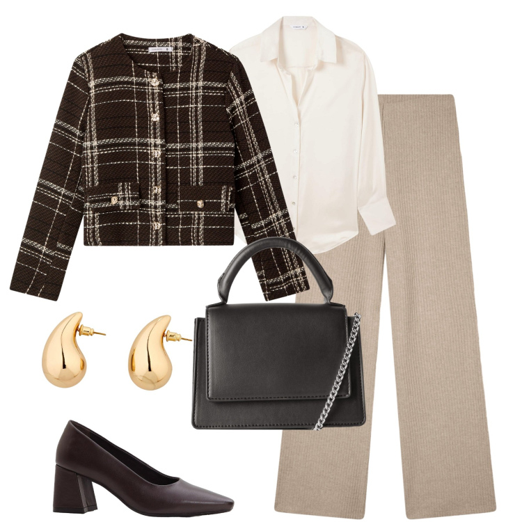 Outfit donna - In ufficio. Stile Chic per Ufficio. Abbinamento con décolleté, orecchini, pantaloni, blazer, camicie, borse a tracolla.