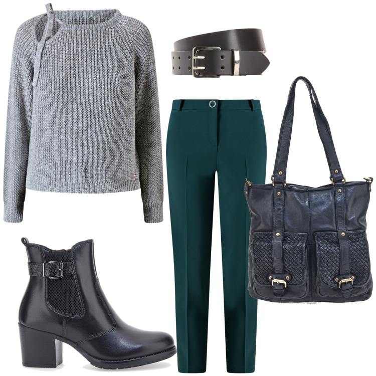 Outfit donna - Trendy girl. Stile Trendy per Tutti i giorni. Abbinamento con cinture, maglieria, pantaloni, stivaletti, borse a spalla.