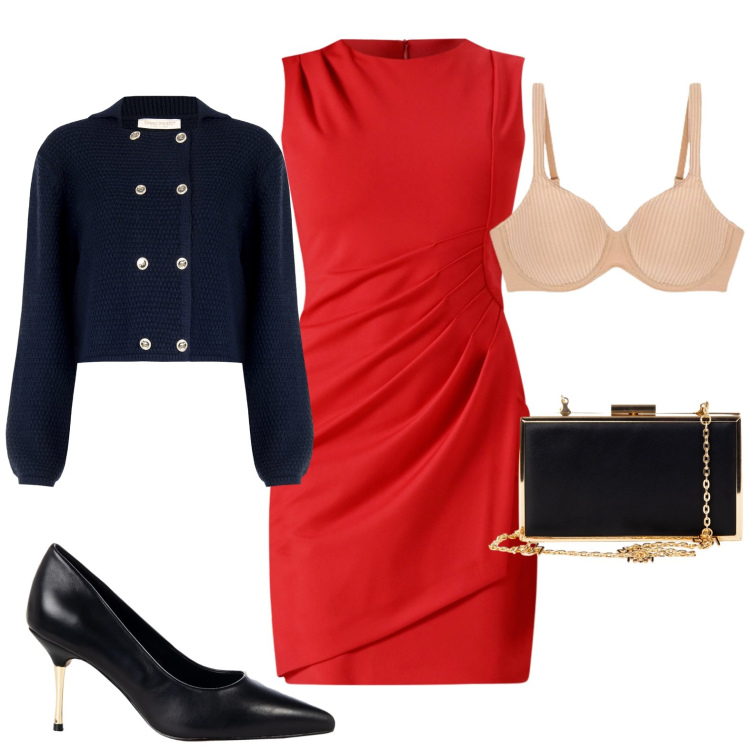 Outfit donna - Stasera in rosso. Stile Sexy per Serata fuori. Abbinamento con vestiti a tubino, blazer, décolleté, pochette, reggiseni.