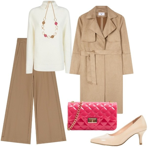 Outfit donna - particolari. Stile Casual per Tutti i giorni. Abbinamento con décolleté, borse a tracolla, trench, pantaloni a palazzo, maglieria, collane.