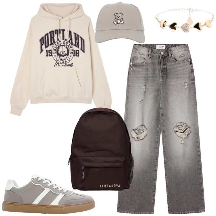 Outfit donna - Back to school. Stile Casual per Scuola/Università. Abbinamento con sneakers, jeans strappati, felpe con cappuccio, cappelli con visiera, zaini, braccialetti.
