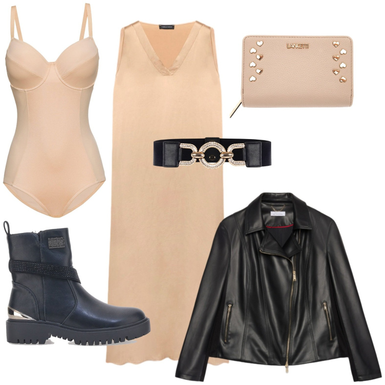 Outfit donna - L\'abito crema. Stile Glamour per Serata fuori. Abbinamento con body, cinture, vestiti lunghi, stivaletti, portafogli, giacche.