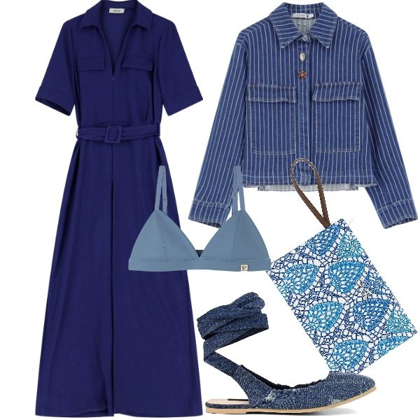 Outfit donna - Blu denim. Stile Casual chic per Tutti i giorni. Abbinamento con blazer, reggiseni, tute, ballerine, pochette.