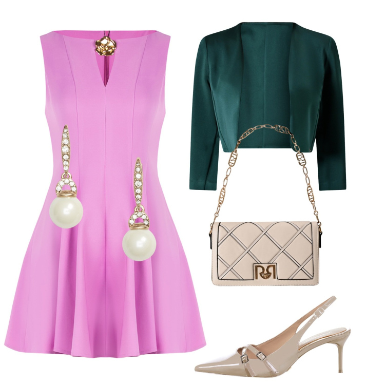 Outfit donna - Cerimonia in settembre. Stile Chic per Cerimonia. Abbinamento con vestiti corti, bolero, borse a tracolla, décolleté, orecchini.