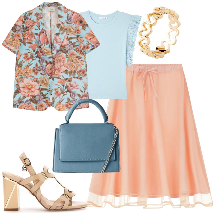 Outfit donna - Settembre. Stile Romantica per Tutti i giorni. Abbinamento con anelli, t-shirt, borse a tracolla, gonne longuette, blazer, sandali col tacco.