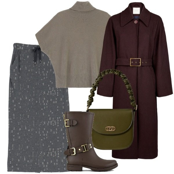 Outfit donna - Passaggio invernale. Stile Chic per Tutti i giorni. Abbinamento con borse a mano, maglieria, gonne lunghe, cappotti, stivali.