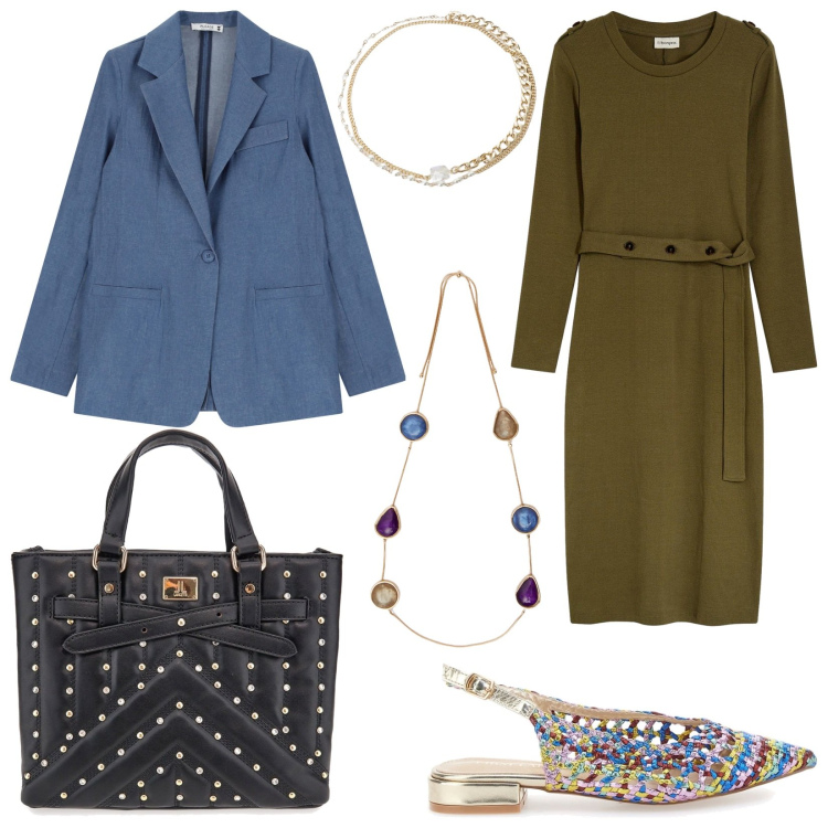 Outfit donna - Sole a settembre. Stile Casual per Tutti i giorni. Abbinamento con vestiti midi/longuette, blazer, braccialetti, borse a mano, ballerine, collane.