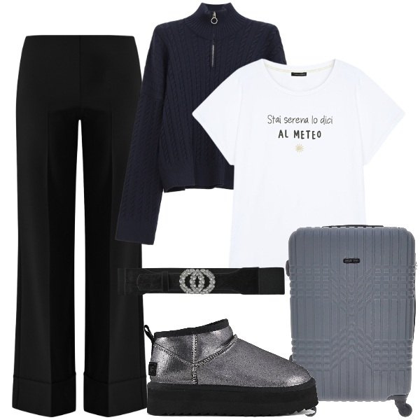Outfit donna - Attesa in aeroporto. Stile Casual chic per Tutti i giorni. Abbinamento con cinture, pantaloni a palazzo, pullovers, t-shirt, stivaletti, valigie.