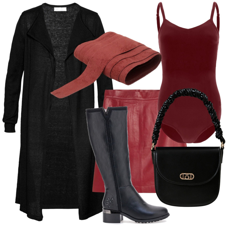 Outfit donna - Il cardigan over. Stile Casual per Tutti i giorni. Abbinamento con minigonne, cardigans, borse a mano, cinture, body, stivali.