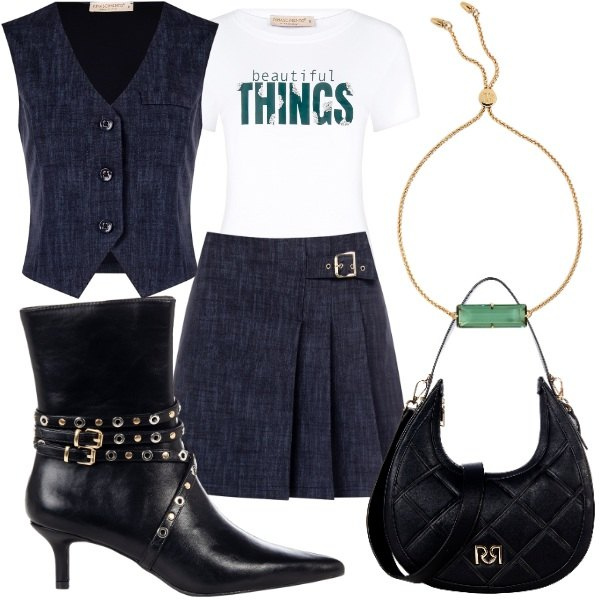 Outfit donna - Rinascimento nuova collezione. Stile Preppy per Tutti i giorni. Abbinamento con minigonne, gilet, borse a tracolla, stivaletti, t-shirt, braccialetti.
