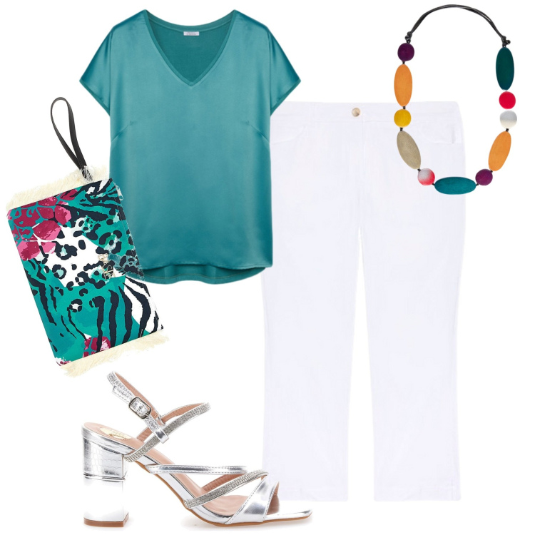 Outfit donna - Vacanza di settembre. Stile Casual chic per Mare. Abbinamento con bluse, sandali col tacco, pochette, collane, pantaloni.