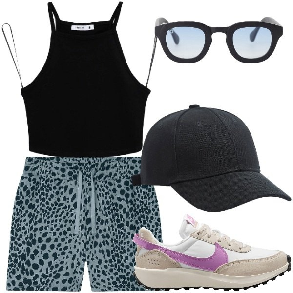 Outfit donna - Corsetta serale. Stile Sporty chic per Sport. Abbinamento con cappelli, top, occhiali da sole, pantaloni corti, sneakers.