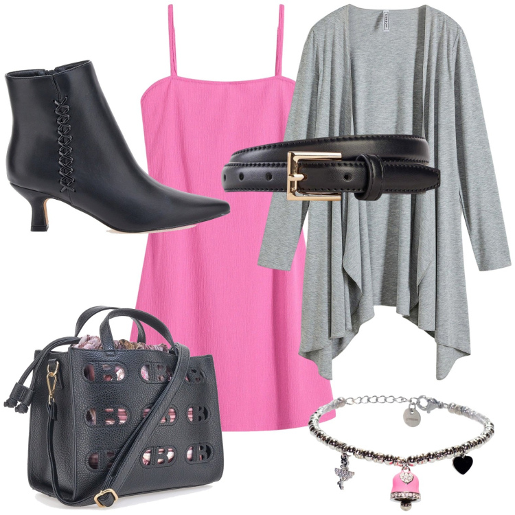 Outfit donna - Rosa eternity. Stile Glamour per Serata fuori. Abbinamento con cinture, vestiti, cardigans, braccialetti, borse a mano, stivaletti.