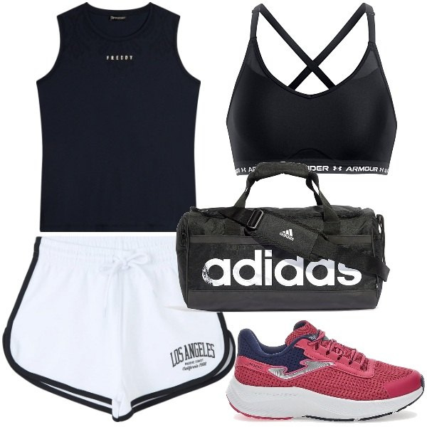 Outfit donna - In palestra. Stile Sporty chic per Sport. Abbinamento con shorts, top sportivi, reggiseni, borse sportive, scarpe sportive.