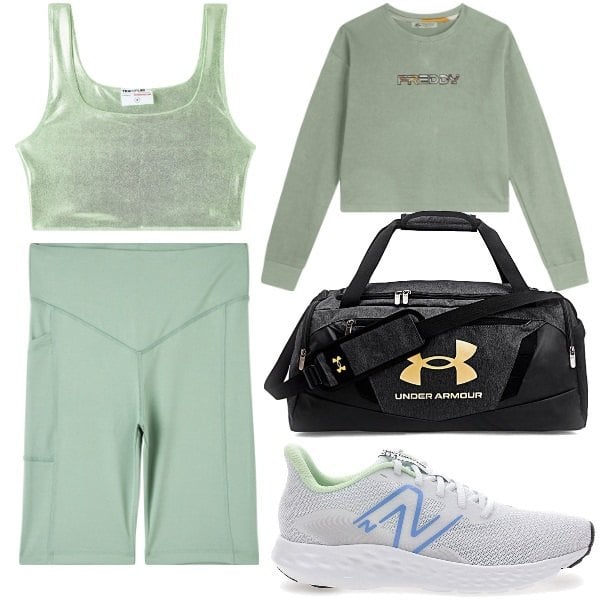 Outfit donna - In palestra. Stile Sporty chic per Sport. Abbinamento con top, leggings, felpe, scarpe sportive, borse sportive.