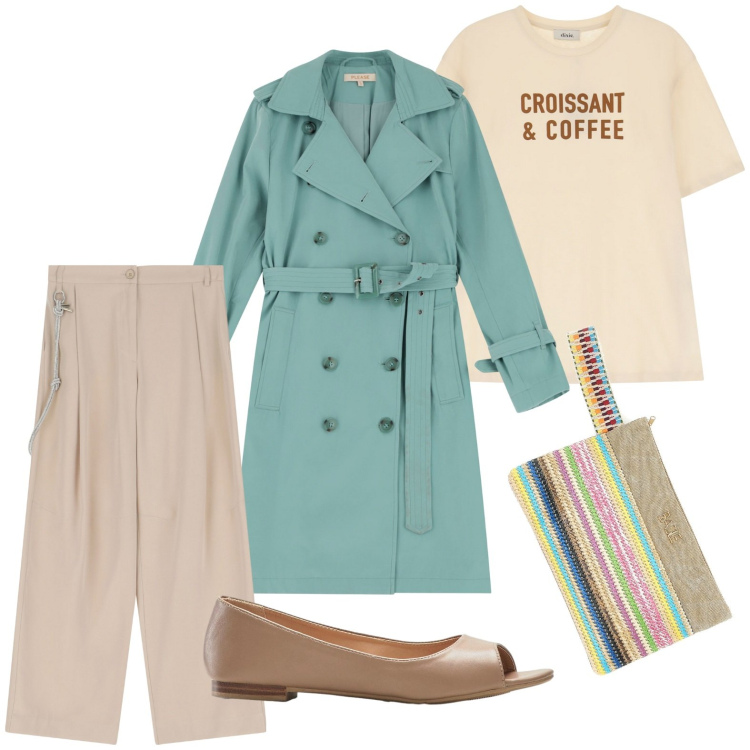 Outfit donna - Semplicemente in trench. Stile Casual per Tutti i giorni. Abbinamento con ballerine, trench, pantaloni, t-shirt, pochette.