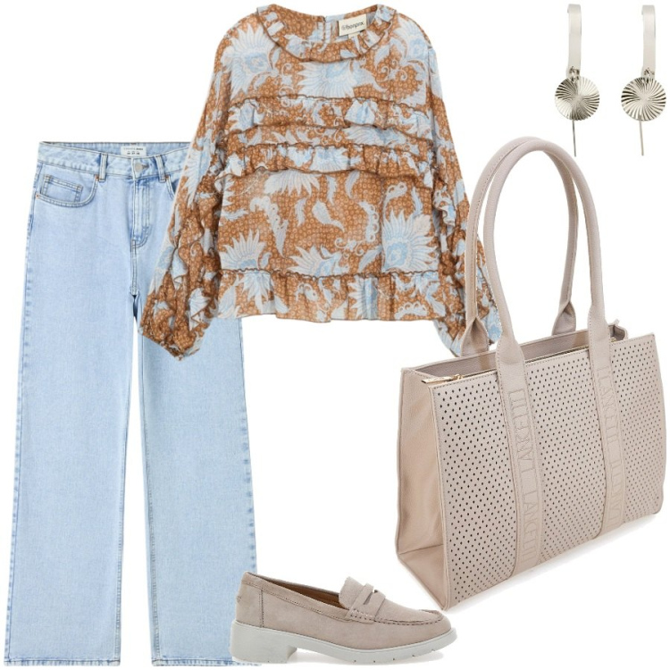 Outfit donna - Boho in ufficio. Stile Boho per Ufficio. Abbinamento con bluse, orecchini, jeans, mocassini, borse a spalla.