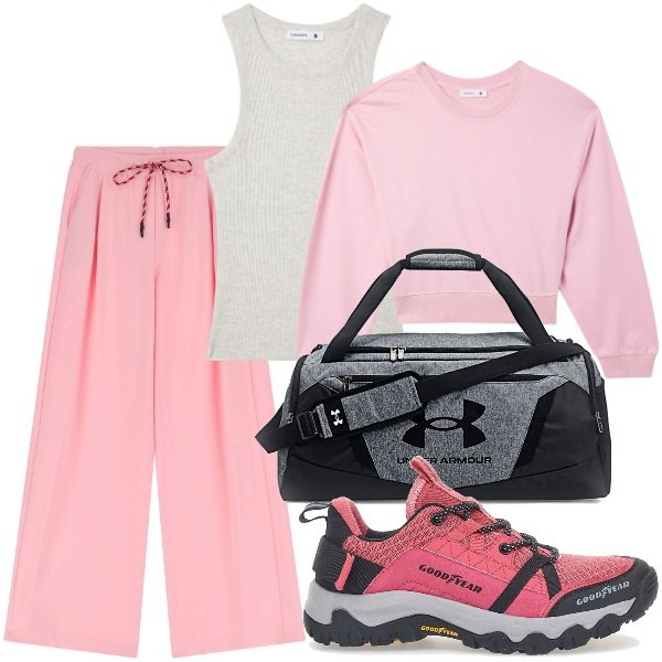 Outfit donna - Lezioni in palestra. Stile Sporty chic per Sport. Abbinamento con top sportivi, felpe, pantaloni sportivi, scarpe sportive, borse sportive.
