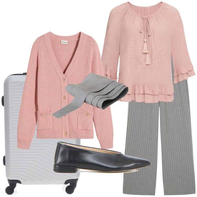 Outfit donna - Partenza in settembre. Stile Casual per Tutti i giorni. Abbinamento con tuniche, cardigans, pantaloni, cinture, valigie, ballerine.