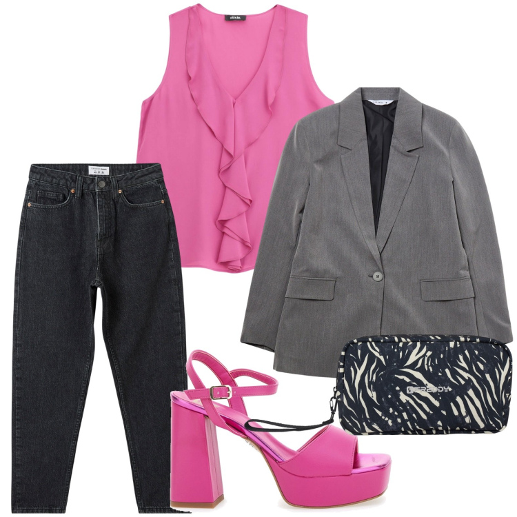 Outfit donna - Rouches romantiche. Stile Glamour per Tutti i giorni. Abbinamento con jeans mom, blazer, valigie, top, sandali col tacco.
