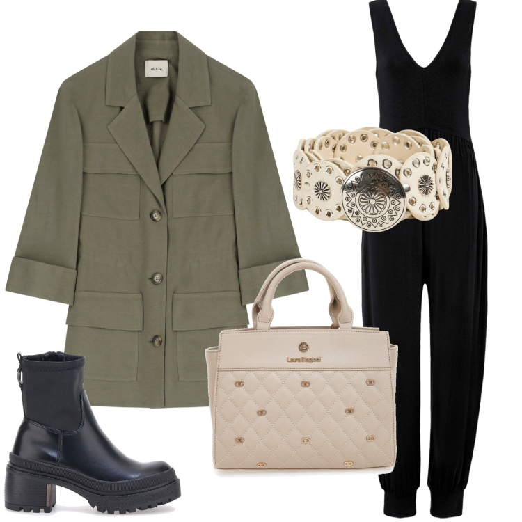 Outfit donna - Blazer oversize. Stile Military per Tutti i giorni. Abbinamento con tute, cinture, blazer, stivaletti, borse a mano.