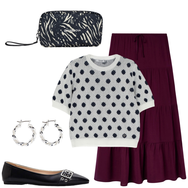 Outfit donna - Autunno nuove tendenze. Stile Casual per Tutti i giorni. Abbinamento con orecchini, ballerine, gonne lunghe, maglieria, valigie.