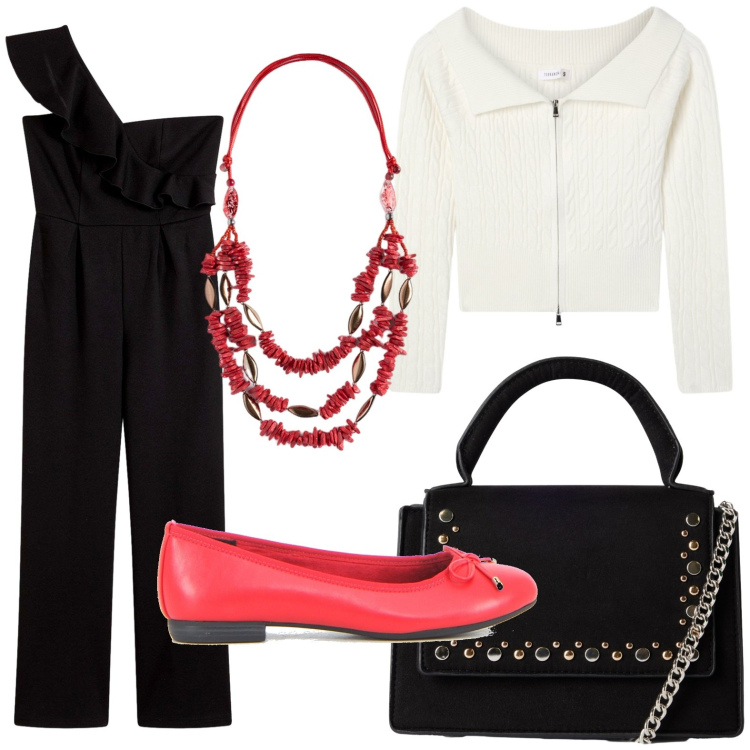 Outfit donna - Un golf sulle spalle. Stile Casual per Tutti i giorni. Abbinamento con tute, borse a tracolla, maglieria, collane, ballerine.