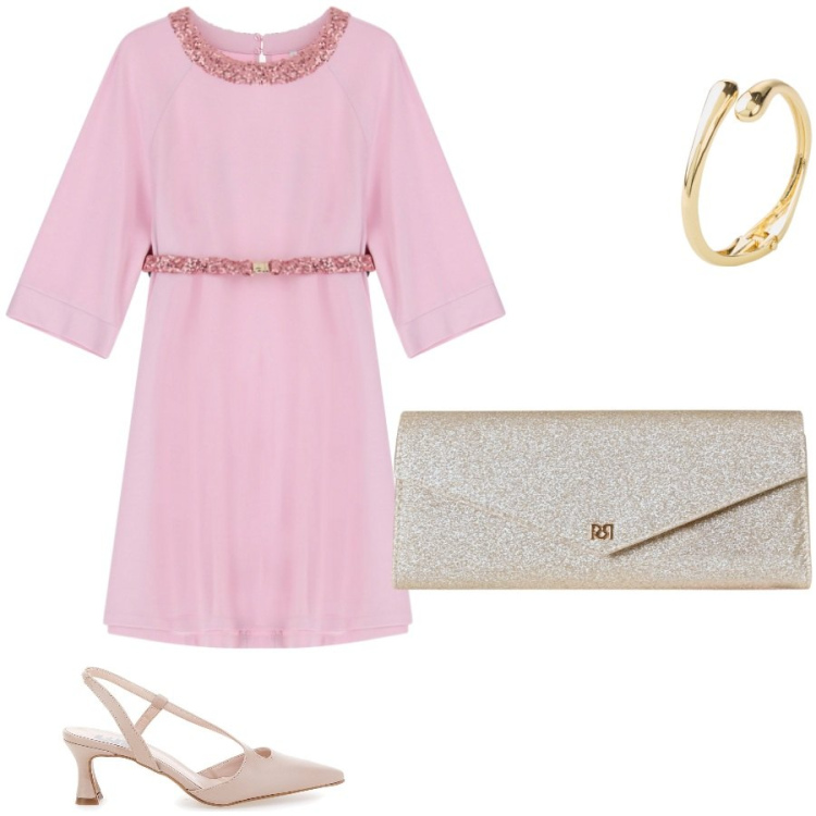 Outfit donna - Invitata ad una cresima. Stile Bon Ton per Cerimonia. Abbinamento con braccialetti, pochette, vestiti corti, décolleté.