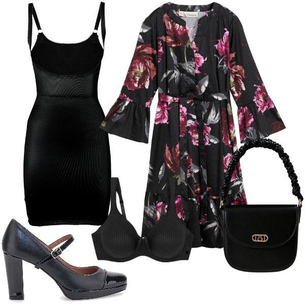 Outfit donna - Nero e qualche fiore. Stile Bon Ton per Ufficio. Abbinamento con sottovesti, vestiti chemisier, borse a mano, reggiseni, décolleté.