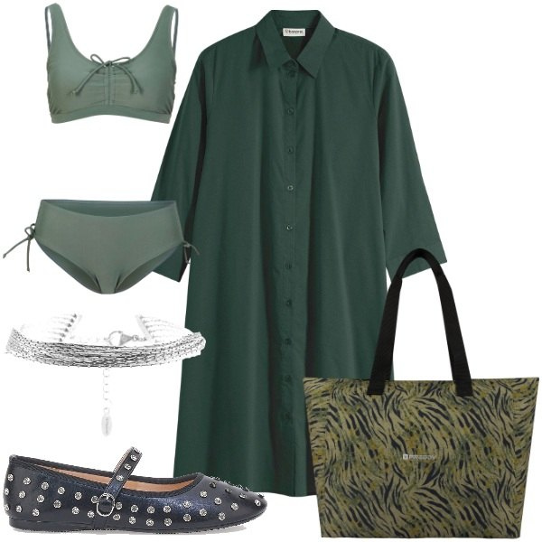Outfit donna - Al mare dopo il lavoro. Stile Minimal per Mare. Abbinamento con vestiti chemisier, bikini, shopping bag, braccialetti, ballerine.